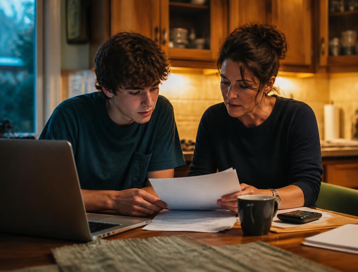 A student and parent reviewing college financial aid letters